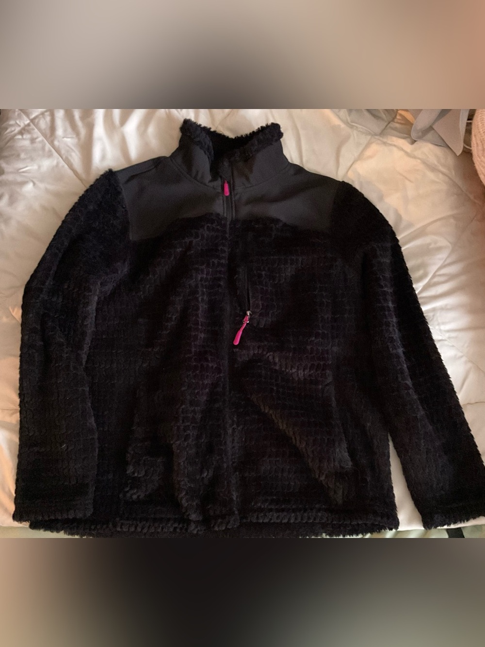 Women’s Black Faux Fur Quarter-Zip Jacket with Pink Pulls